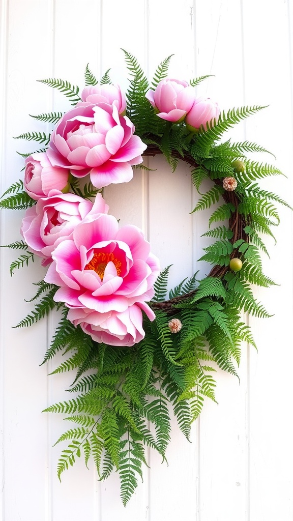 A floral wreath featuring large pink peonies and lush green ferns.