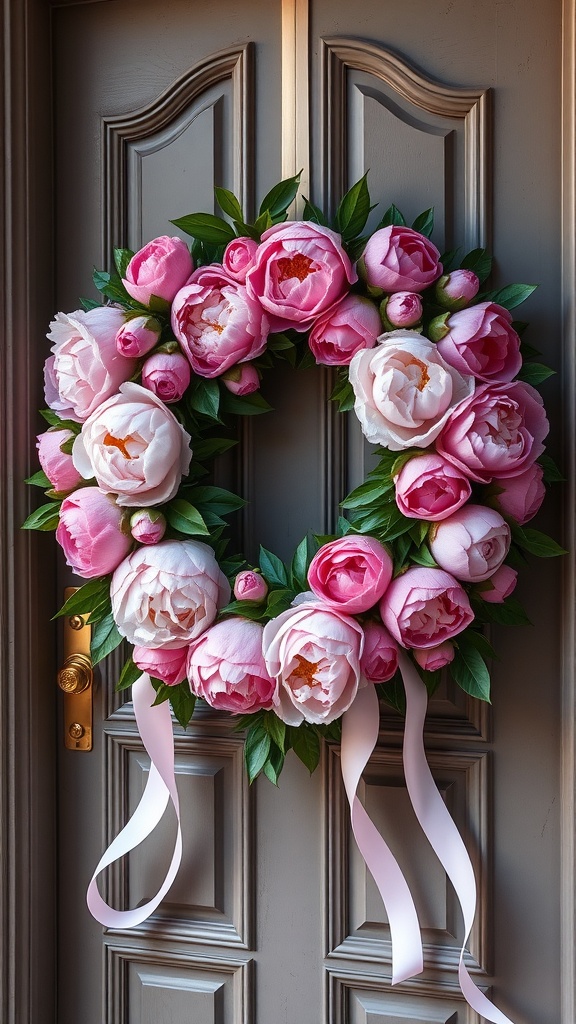 A beautifully arranged wreath made of pink and white peonies, adorned with green leaves and soft ribbons, hanging on a door.