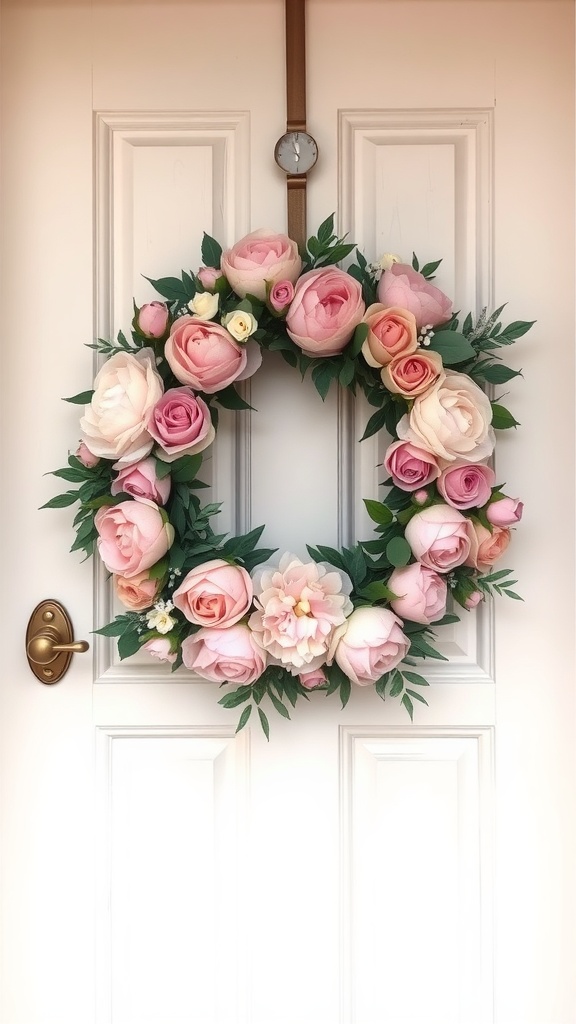 A wreath made of pink peonies and roses on a white door