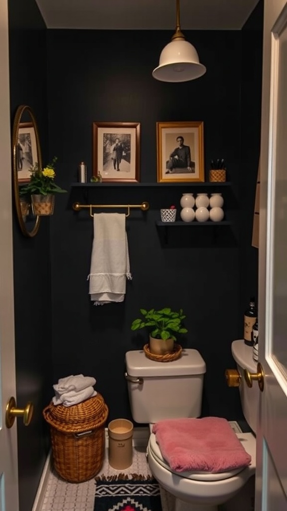 A small dark bathroom featuring personalized accessories such as framed photos, a mirror, plants, and decorative storage.