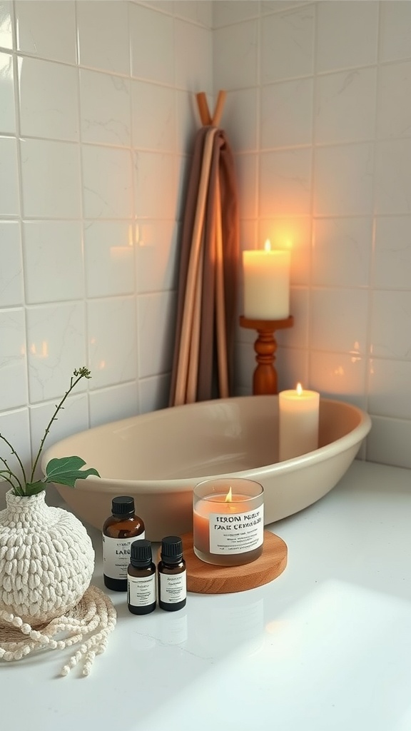 A cozy bathroom setup with a tub, candles, essential oils, and a decorative vase.