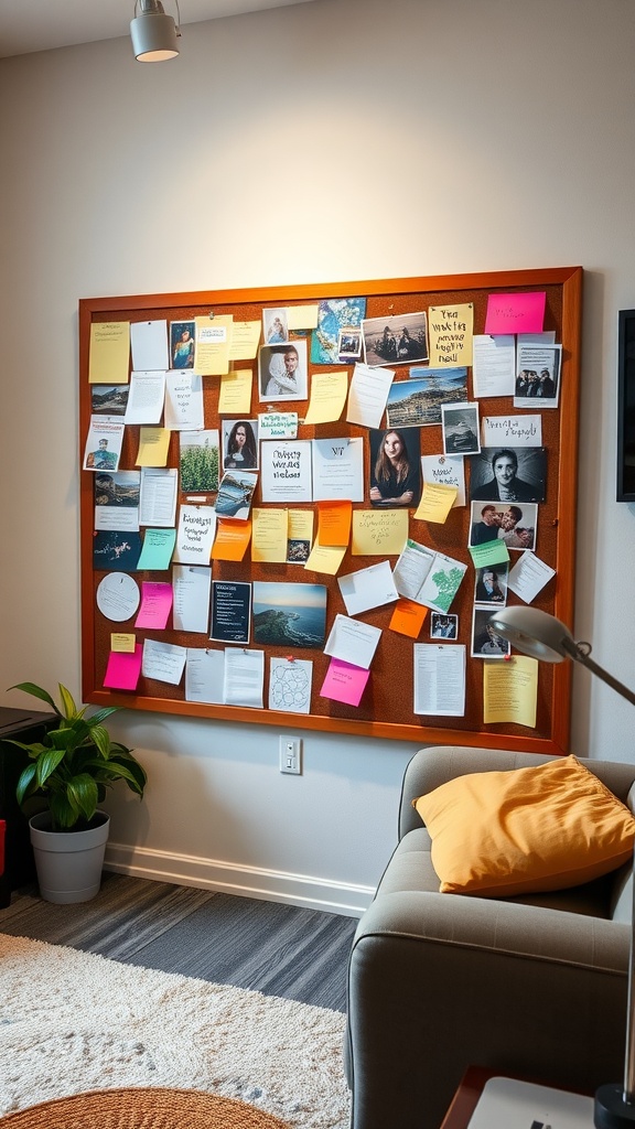 A bulletin board filled with photos, sticky notes, and reminders in a cozy dorm living room.