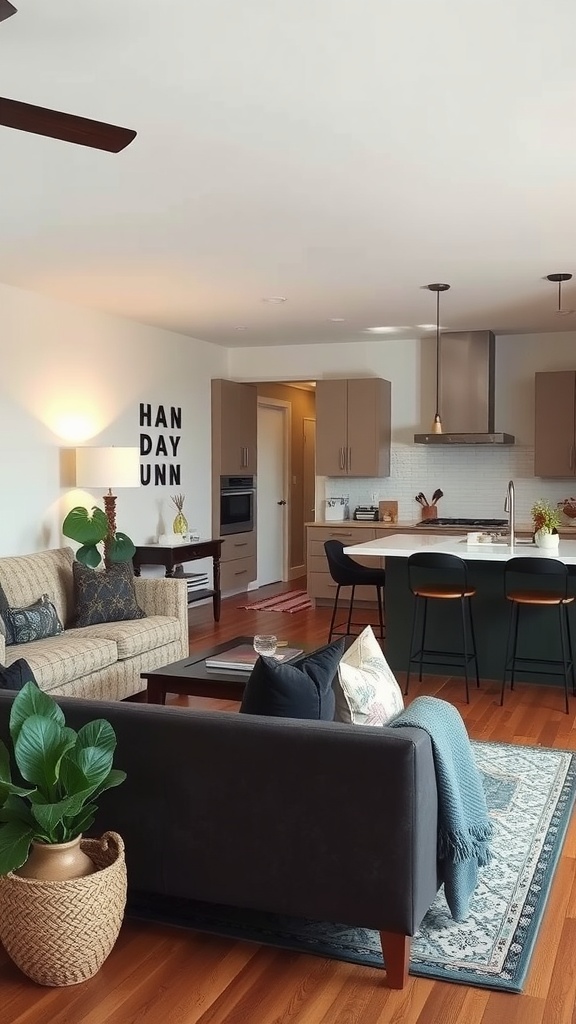 A cozy living room and kitchen space with plants and personalized decor.