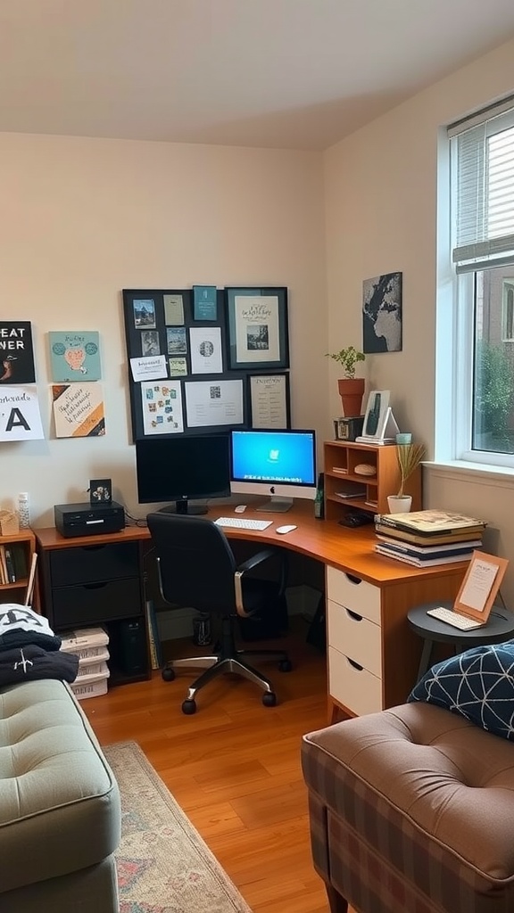 A cozy dorm desk setup featuring two monitors, a bulletin board, and a potted plant.