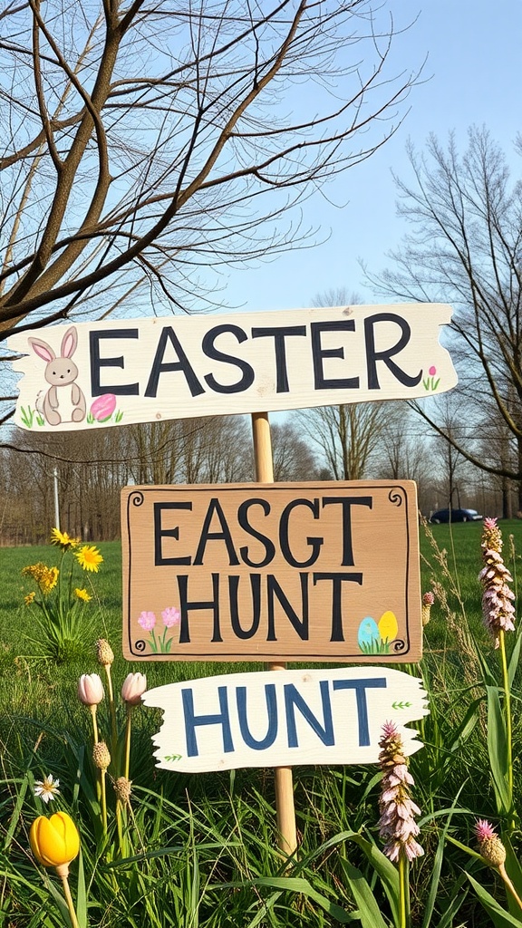 Personalized Easter egg hunt signs with colorful decorations