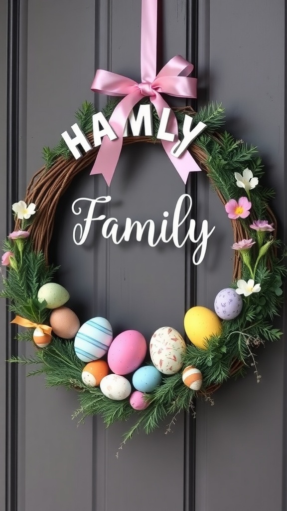 A personalized Easter egg wreath featuring colorful eggs, greenery, and a sign that says 'Family' with a pink bow.