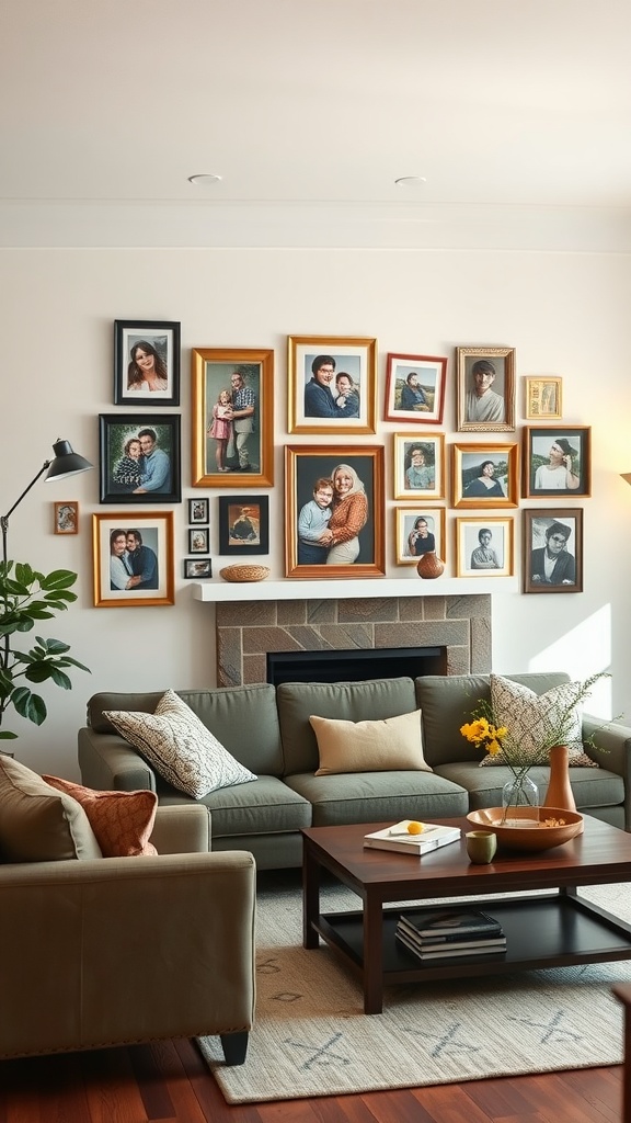 A cozy ranch-style living room featuring a personalized family gallery wall with various framed photographs.