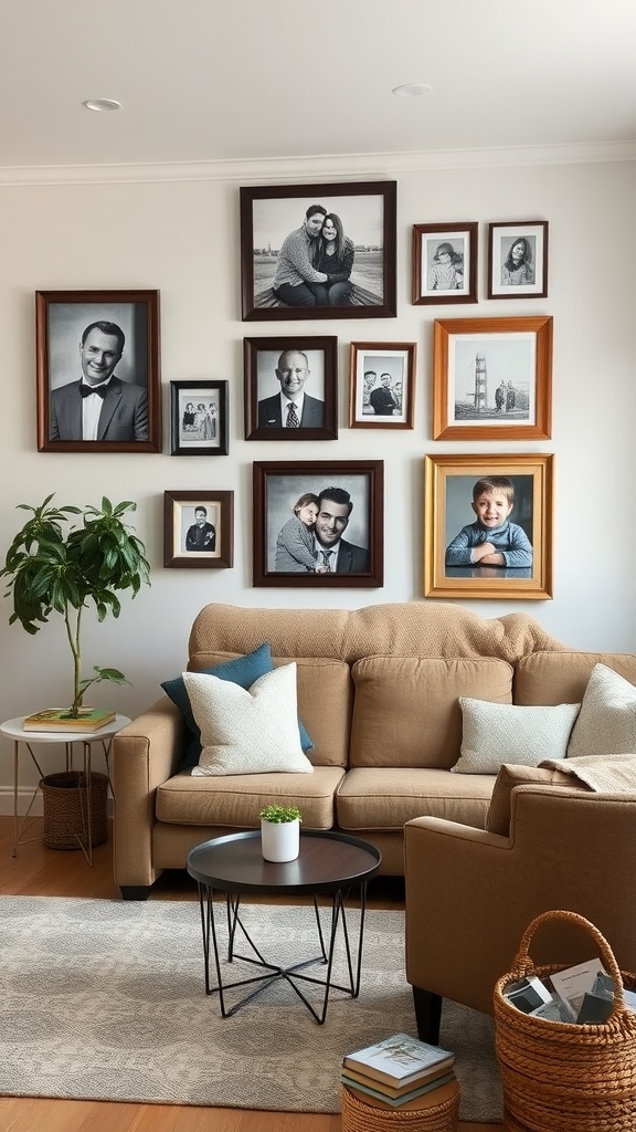 A cozy living room with a sofa, a coffee table and a wall adorned with various framed family photographs.