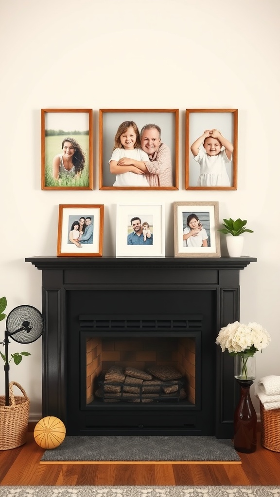 Personalized family photos in wooden frames above a black fireplace, with a cozy setup featuring plants and decorative items.