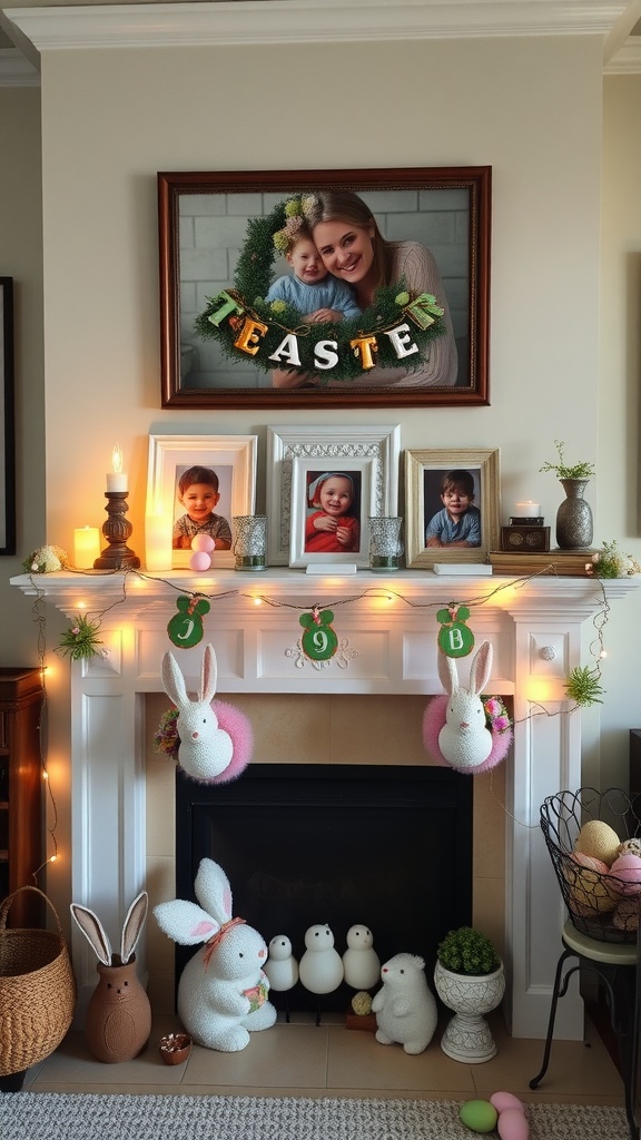 Easter-themed mantel with family photos, bunnies, and festive decorations