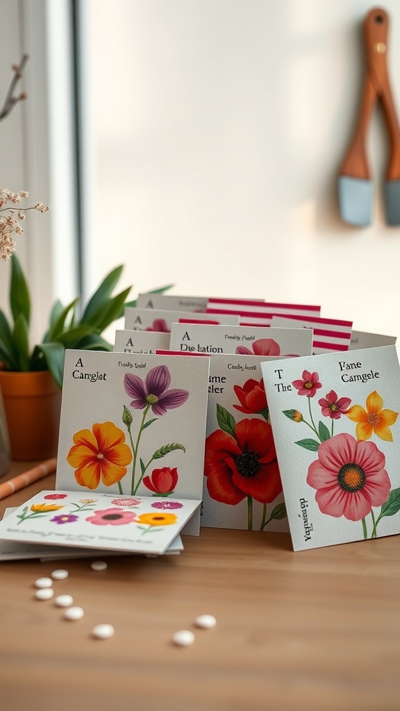 Colorful flower seed packets displayed on a wooden table with gardening tools in the background.