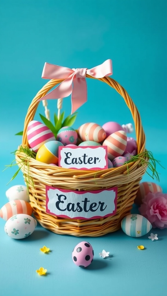 A personalized Easter basket filled with colorful eggs and adorned with a pink ribbon.