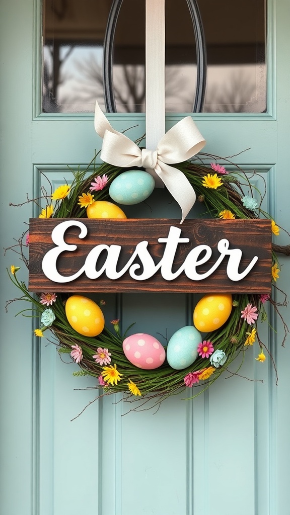 A colorful Easter wreath with a wooden sign reading 'Easter' and decorated with pastel eggs and flowers