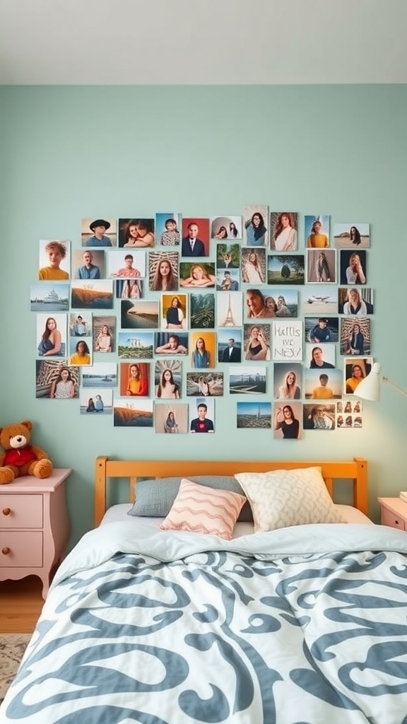 A cozy bedroom featuring a personalized photo wall with various colorful pictures, a teddy bear on the bed, and a soft blue wall.