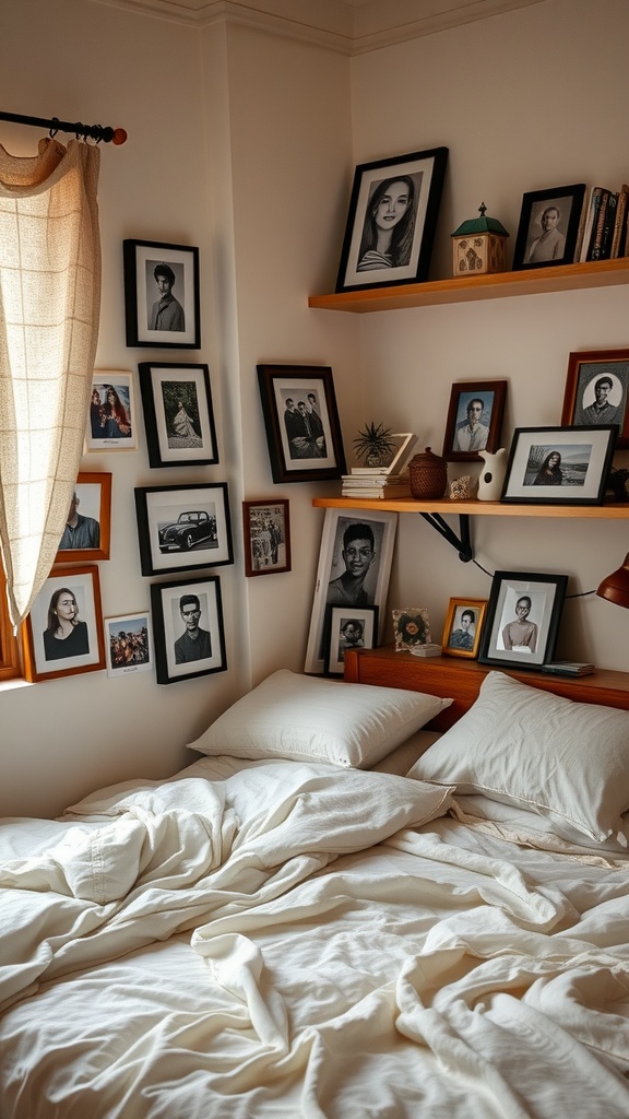 A small shared bedroom with a bed covered in white linens and a wall decorated with framed photographs.