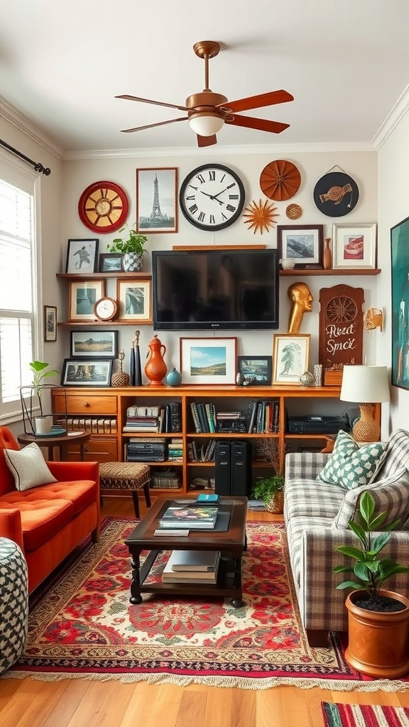 A cozy boho living room featuring a mix of personal decor items, books, and a colorful rug.