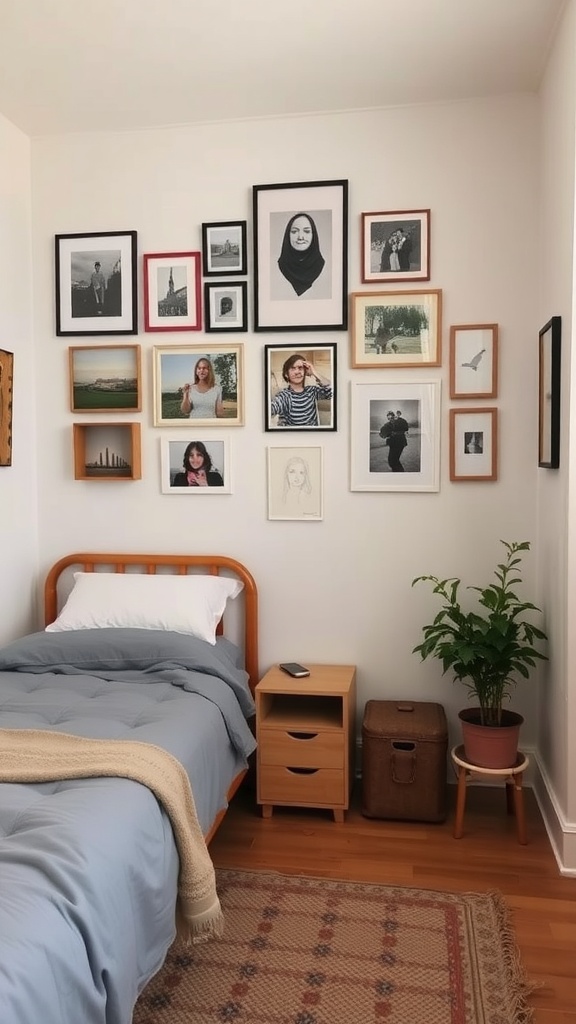 A small bedroom featuring a personalized wall art display with various framed pictures and a bed with blue bedding.