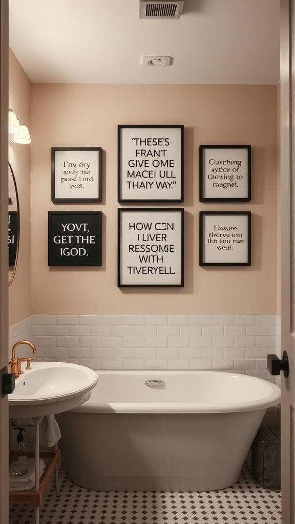 A warm bathroom featuring personalized wall quotes in black frames on peach walls.