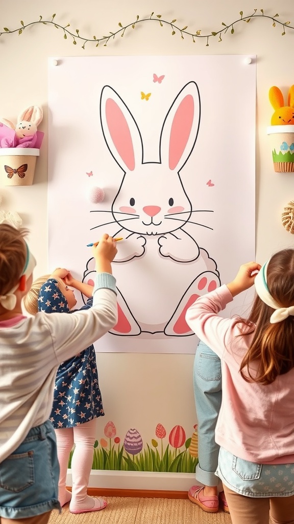 Children playing Pin the Tail on the Bunny game during an Easter celebration.