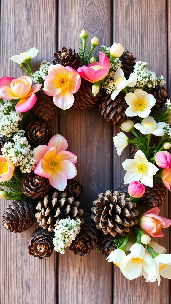 A wreath made of pine cones and colorful flowers, displayed on a wooden surface.