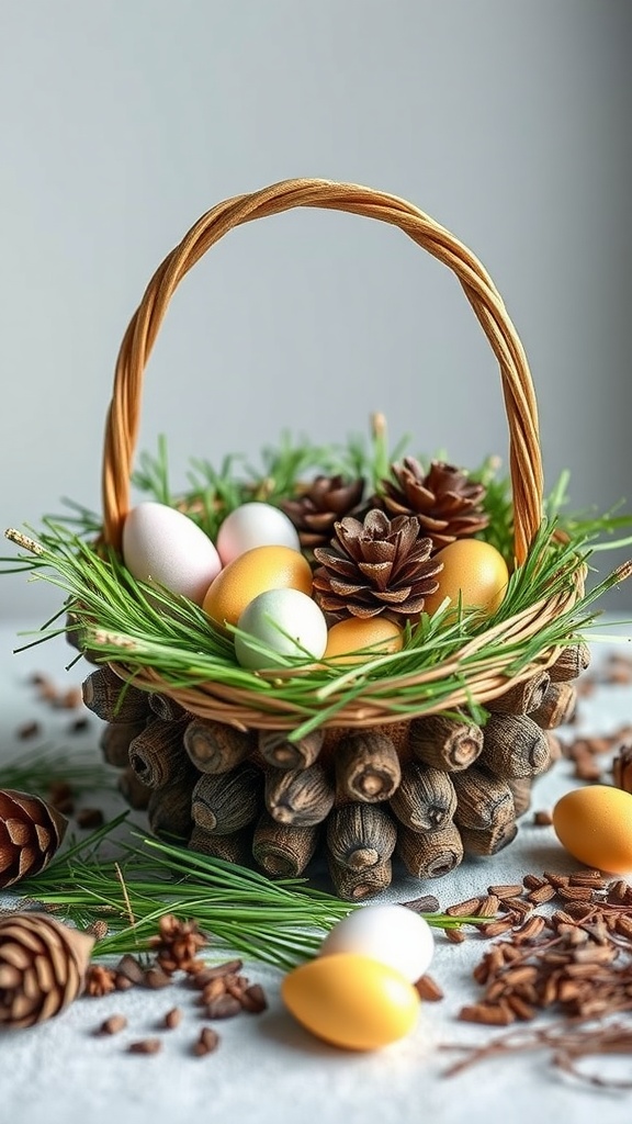 A decorative basket made of pine cones and grass, filled with colorful eggs for Easter.