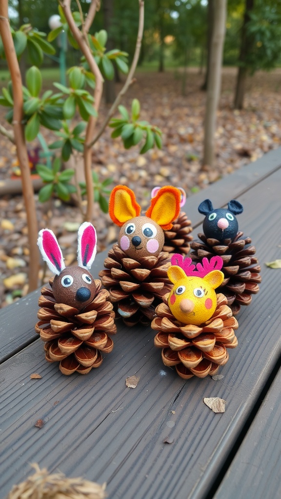 A collection of pine cone animals, including a bunny, mouse, and reindeer, displayed on a wooden table.