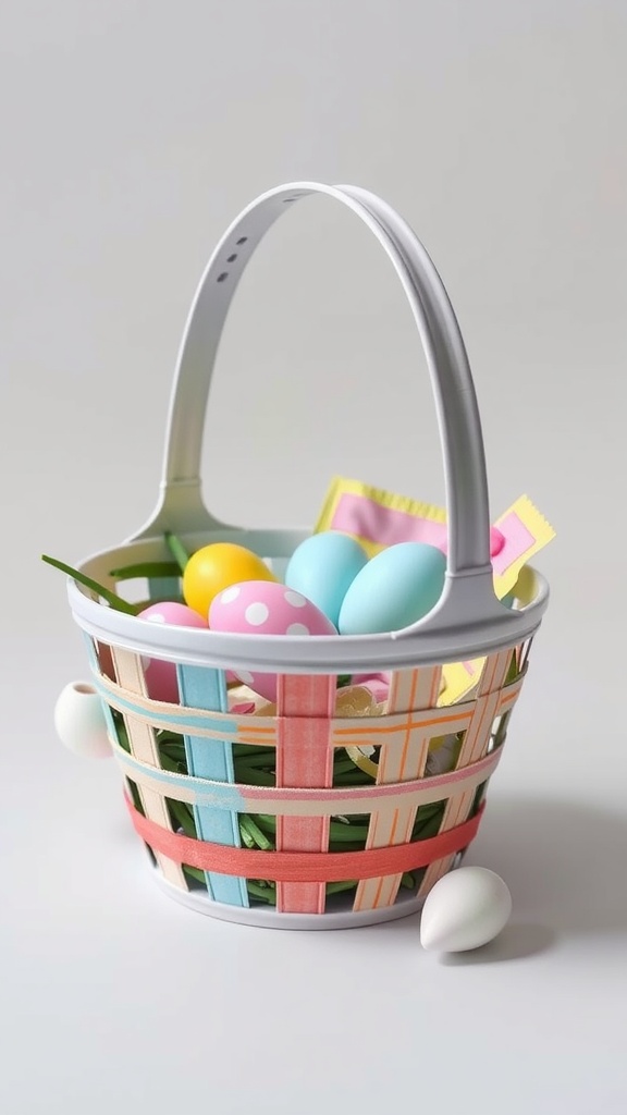 A transformed plastic basket filled with colorful eggs and decorations for Easter.