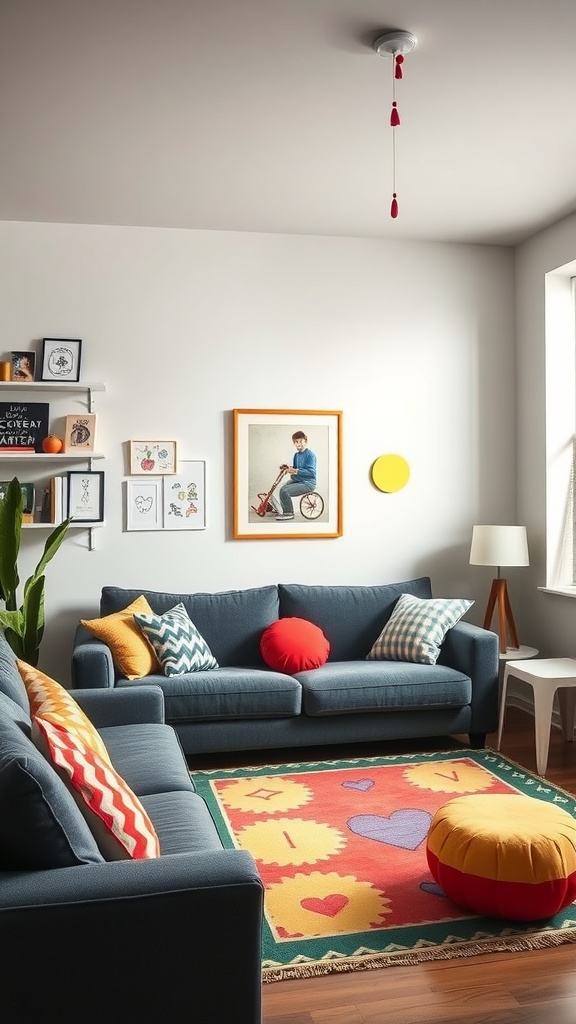 A colorful kids’ playroom with dark gray couches, vibrant cushions, and a cheerful rug.