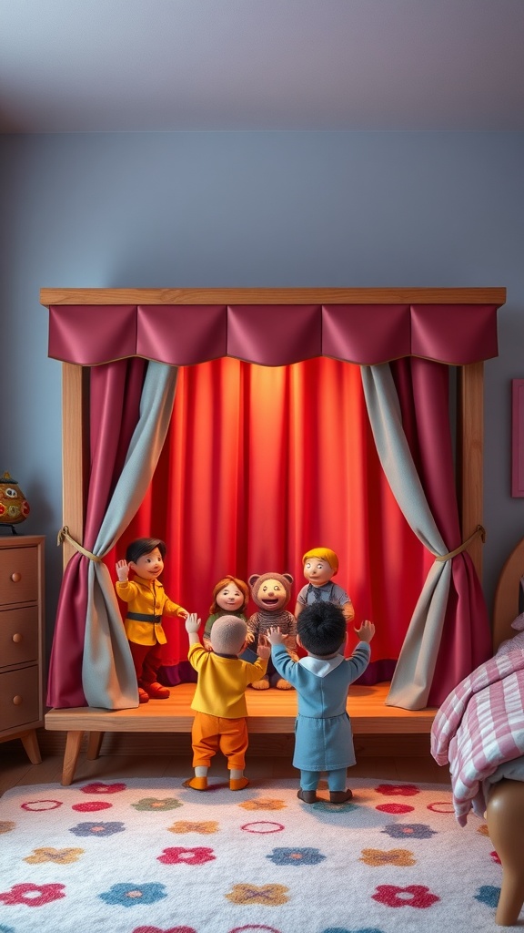 A colorful puppet theater in a children's bedroom, with kids engaged in puppetry.