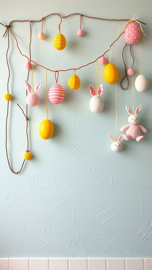 Colorful Easter-themed wall hangings featuring eggs and bunny figures on a blue wall