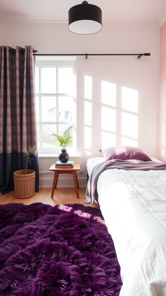 A cozy purple plush rug in a bright bedroom with a white bed and natural light.