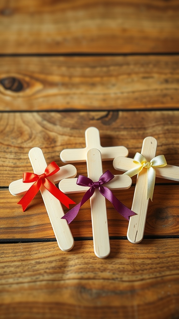 Three popsicle stick crosses decorated with colorful ribbons on a wooden surface.