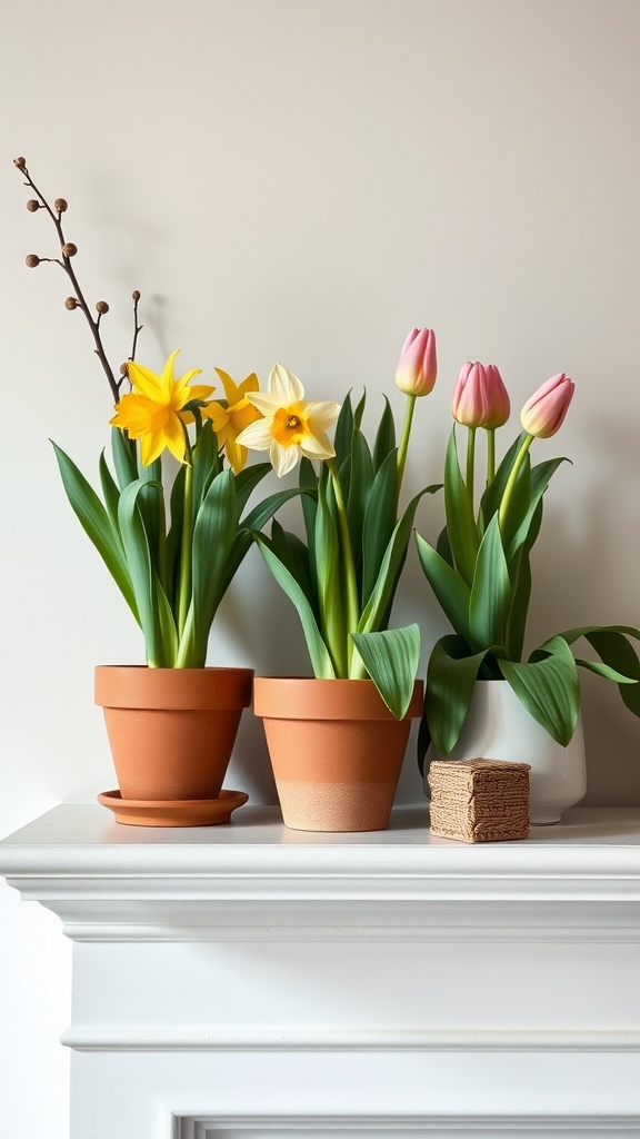 Spring plants, including daffodils and tulips, on a fireplace mantel.