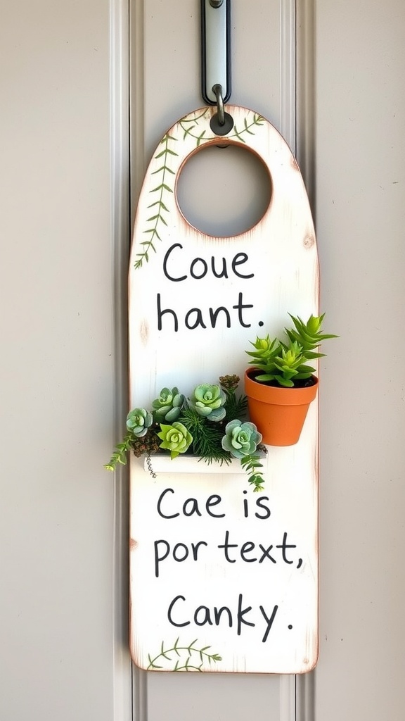 A wooden door hanger with succulents in a small pot and a circular hole at the top.