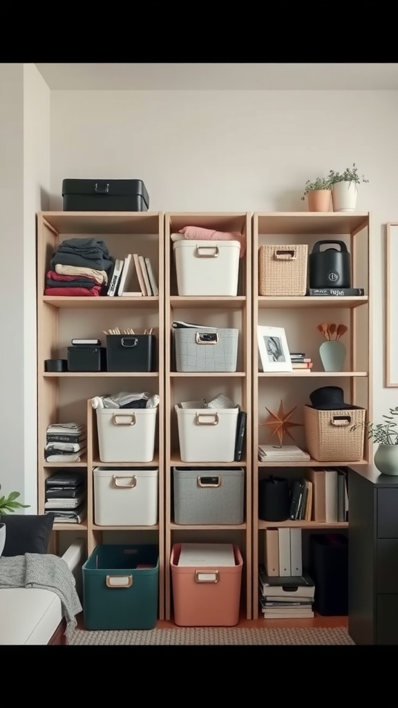 A well-organized storage unit in a dorm living room, featuring various bins and baskets for practical storage solutions.