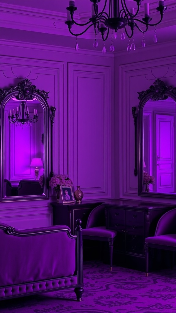 A bedroom featuring purple-tinted mirrors and elegant decor.