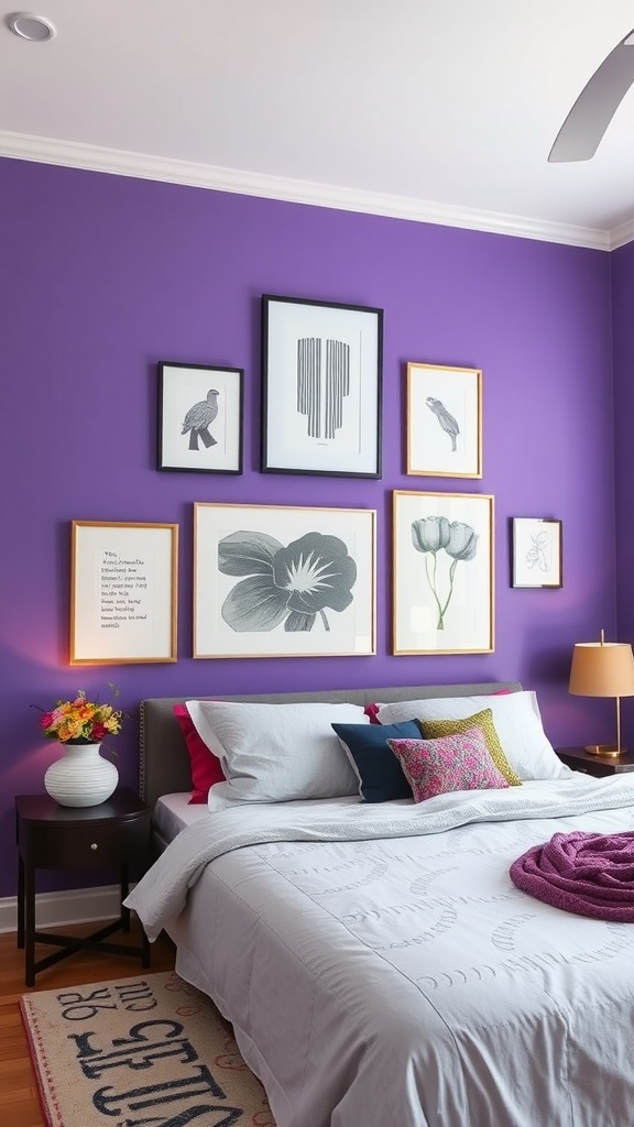 A cozy bedroom featuring a purple accent wall adorned with framed art and a neatly made bed with colorful pillows.