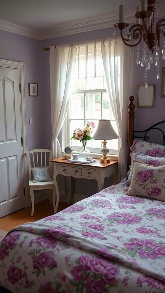 A cozy bedroom featuring purple floral patterns on the bedding, with a soft purple wall, light curtains, and a decorative table.