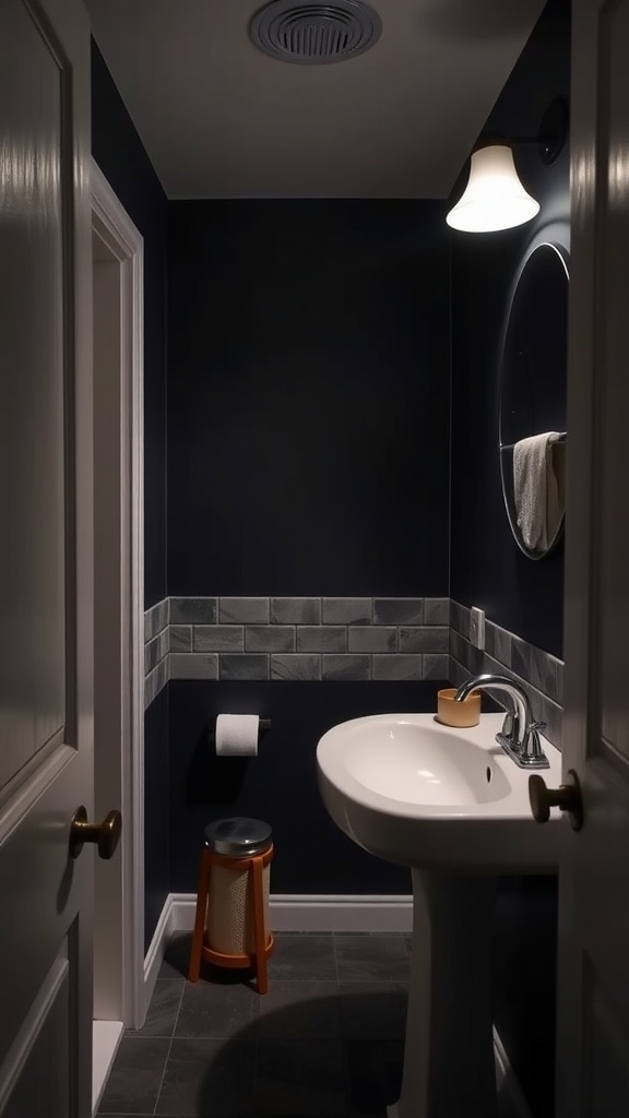 A small dark bathroom featuring a gray subway tile backsplash, a white sink, and an orange stool.