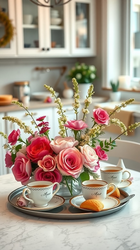 A charming tea party setup with pink roses, elegant cups, and cookies on a tray.