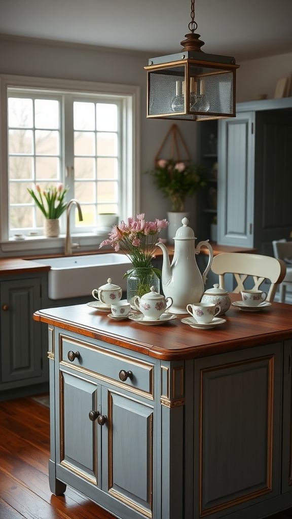 A quaint tea set displayed on a kitchen island with flowers and a cozy atmosphere.