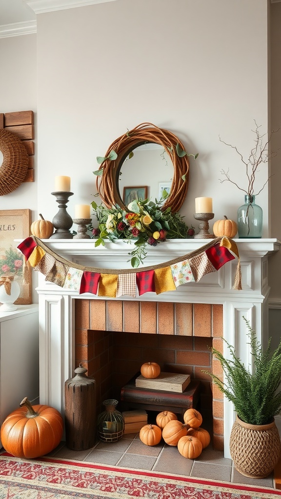 Easter mantel decoration featuring a quilted patchwork garland, candles, and pumpkins.