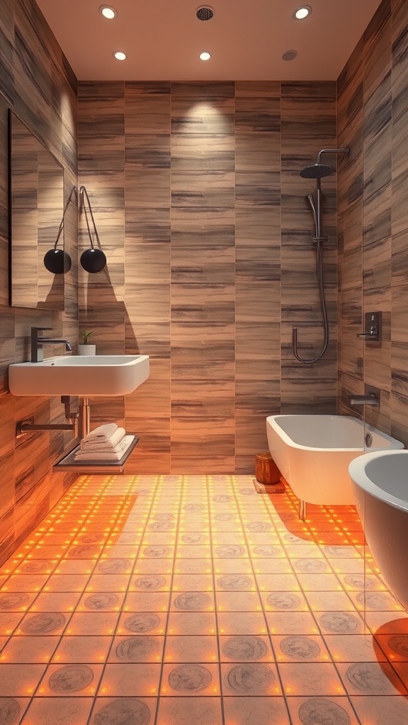 A warm bathroom with radiant floor heating visible through glowing tiles and stylish design elements.