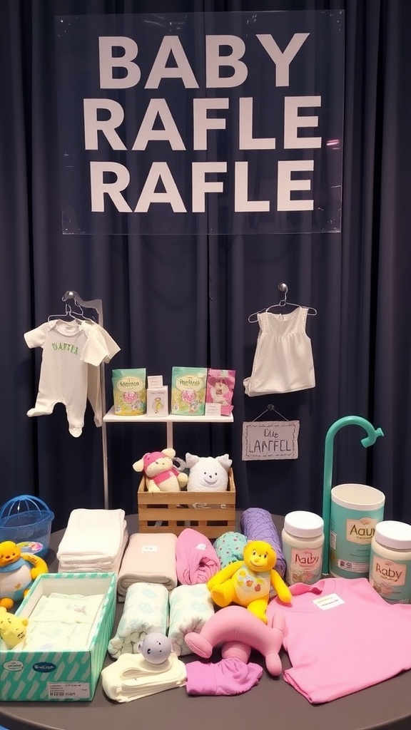 Display for a baby essentials raffle with baby clothes, toys, and a sign.