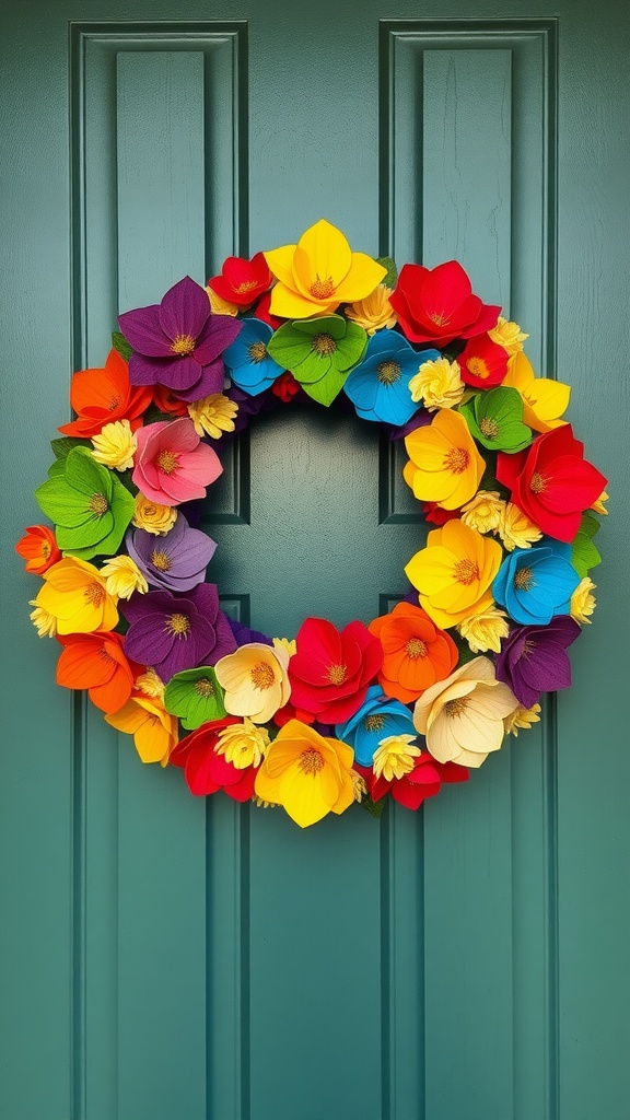 A vibrant rainbow-colored floral wreath hanging on a door, showcasing a mix of purple, red, yellow, and blue flowers.