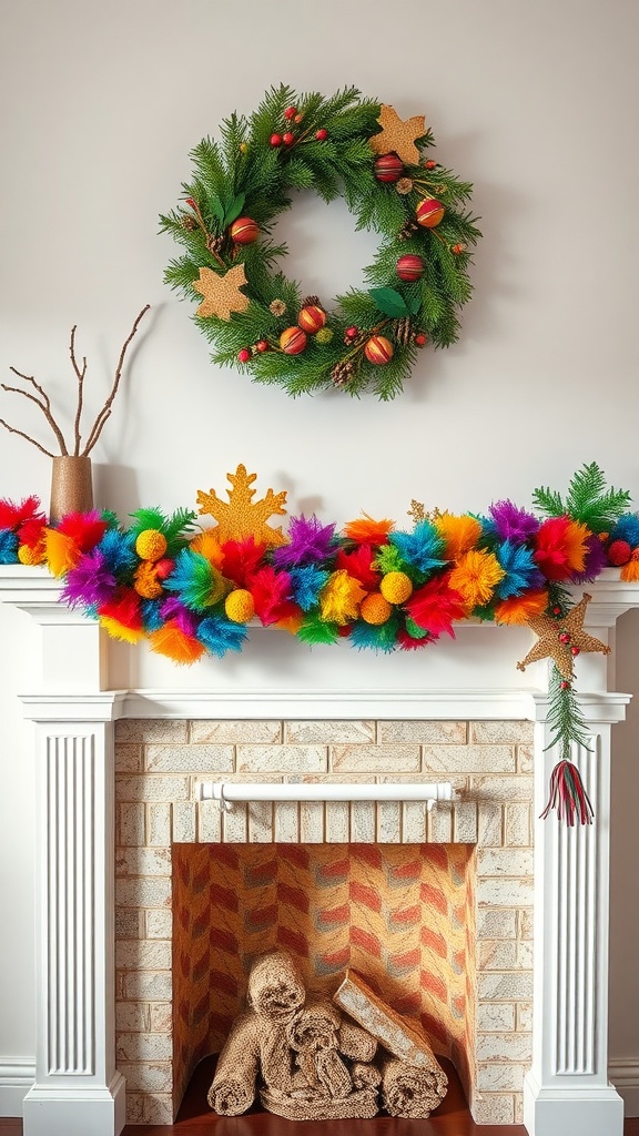 Colorful spring garland and wreath on a mantle with a fireplace.