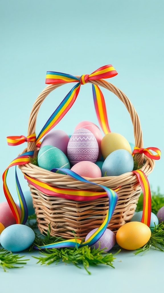 A wicker basket filled with colorful Easter eggs, decorated with rainbow ribbons.