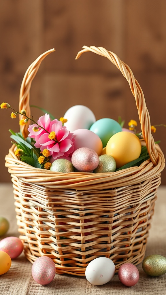 A rattan basket filled with pastel-colored eggs and a pink flower.