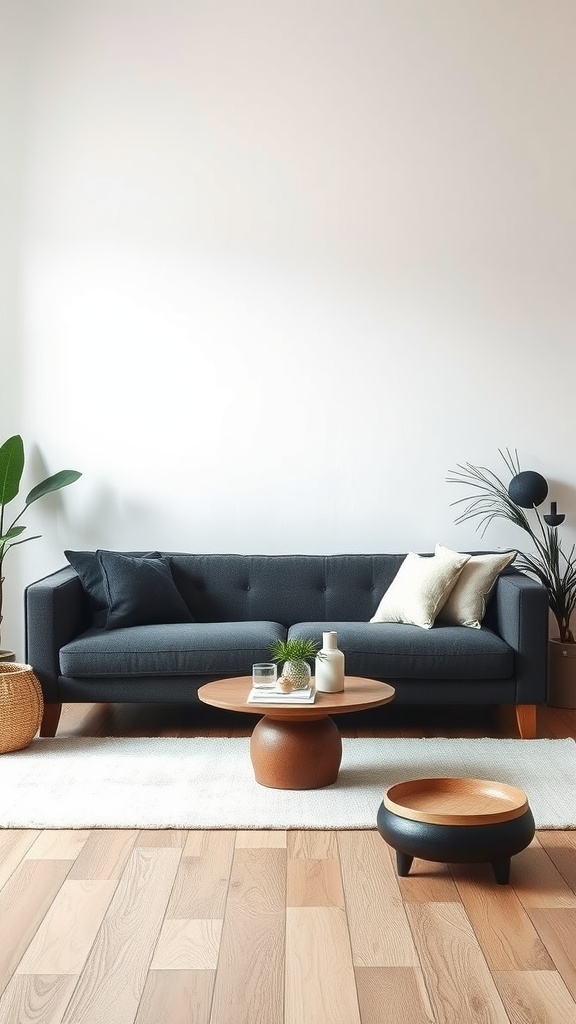 A stylish living room featuring a dark gray couch, wooden coffee table, and potted plants.