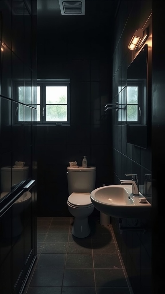 A small dark bathroom featuring glossy tiles, a toilet, a sink, and a mirror reflecting light